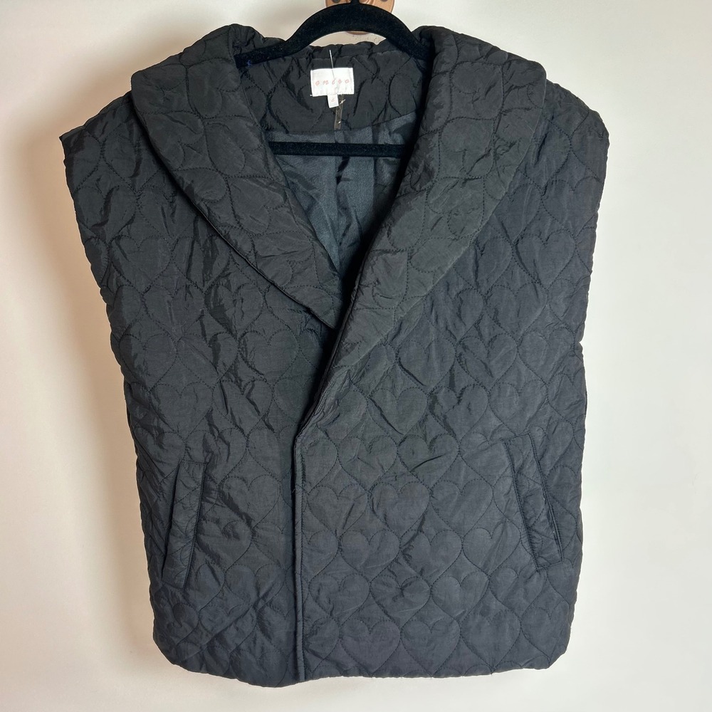 Entro Quilted Heart Puffer Vest Black Shawl Collar Sleeveless Women's Size S
